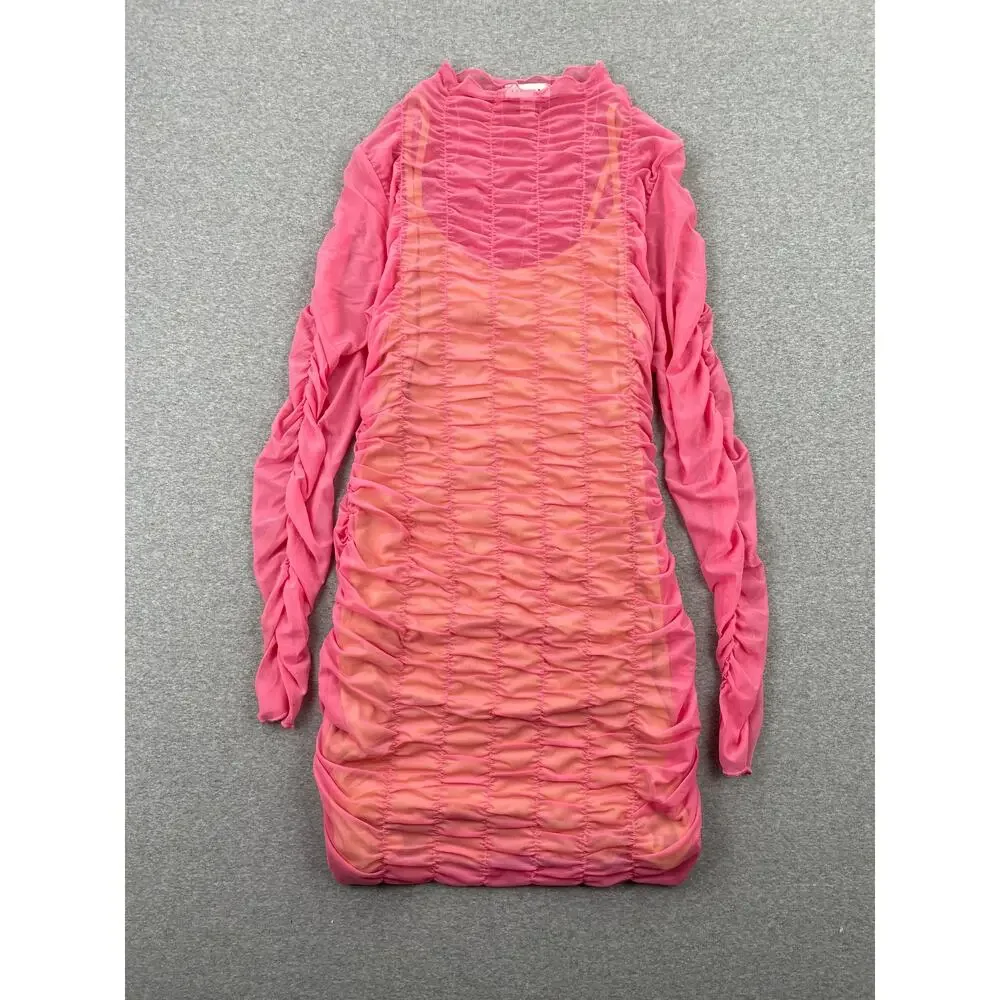 TOPSHOP Dress Size M 8/10 Hot Pink Sheer Layered Mesh Mini Ruched Long Sleeve